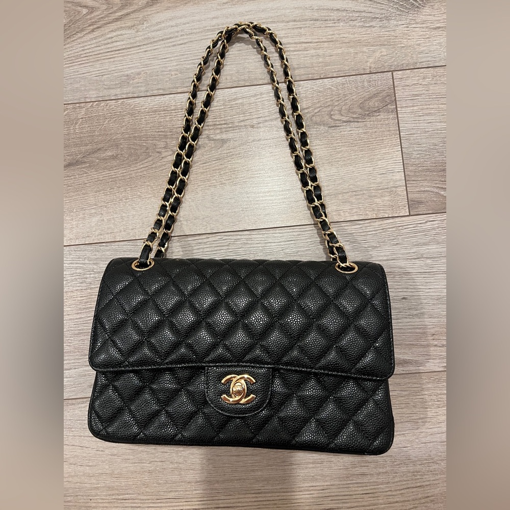 CHANEL Black Quilted Caviar Leather Shoulder Bag with Gold Hardware